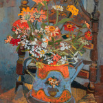 Zinnias in Blue Watering Can 40 x30 1970